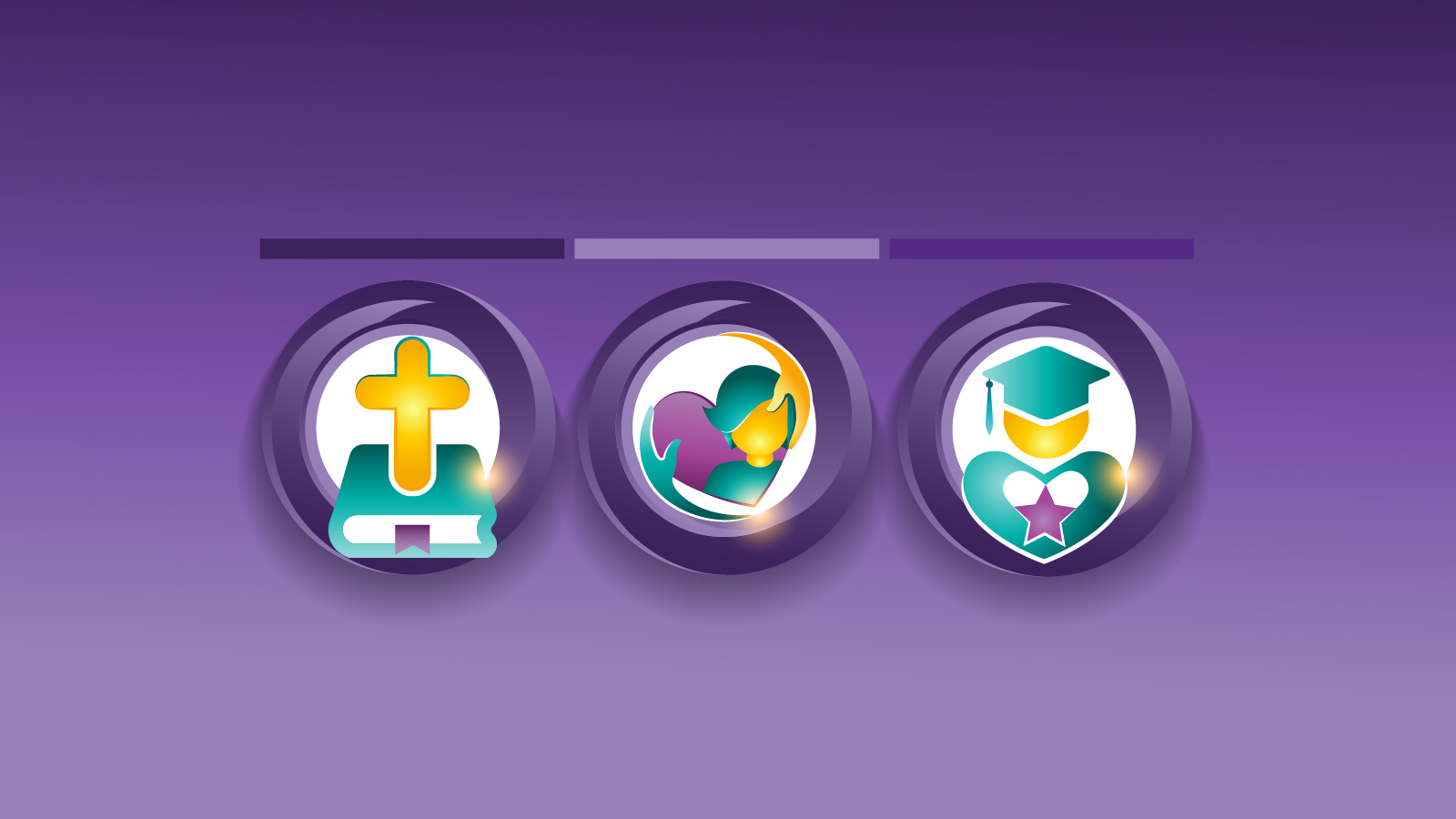 Three icons on a purple background representing faith, learning experiences, and student well‑being in the Edmonton Catholic Schools Education Plan.